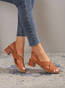 女士交叉帶粗跟優雅涼鞋 - 棕色 - 查看 2