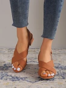 女士交叉帶粗跟優雅涼鞋 - 棕色 - 查看 6