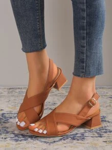 女士交叉帶粗跟優雅涼鞋 - 棕色 - 查看 3