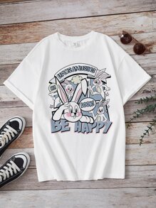 SHEIN EZwear Casual Cute Easter Bunny Print Oversized White Round Neck Short Sleeve T-Shirt For Women, Summer - White - View 1