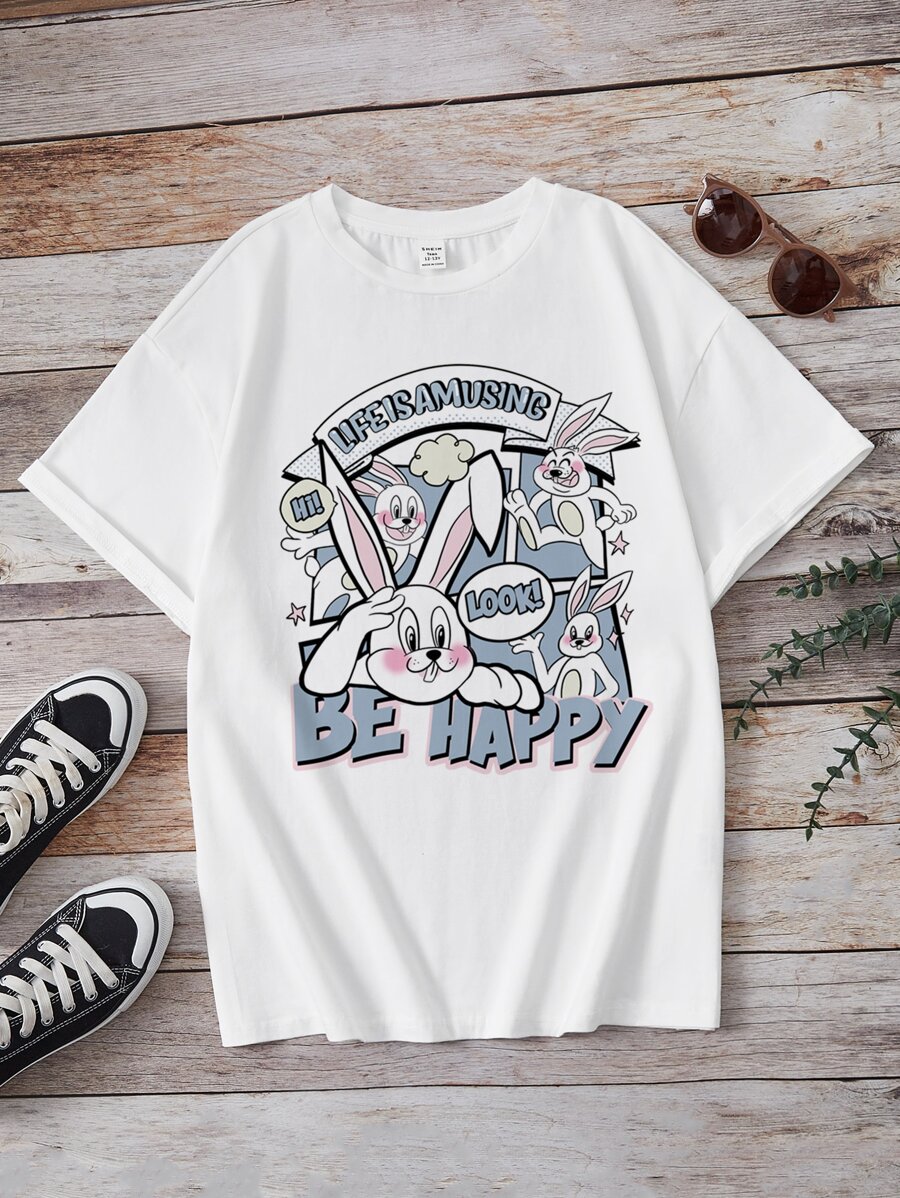 SHEIN EZwear Casual Cute Easter Bunny Print Oversized White Round Neck Short Sleeve T-Shirt For Women, Summer - White - View 1