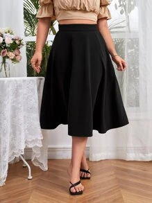 SHEIN Privé Plus High Waist Flare Hem Solid Skirt - Black - View 3