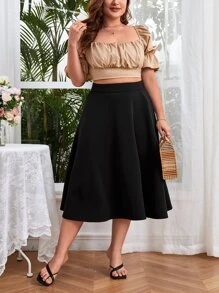SHEIN Privé Plus High Waist Flare Hem Solid Skirt - Black - View 5