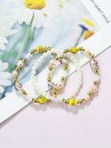 3pcs/set Faux Pearl Decor Beaded Bracelet - Multicolor - View 1