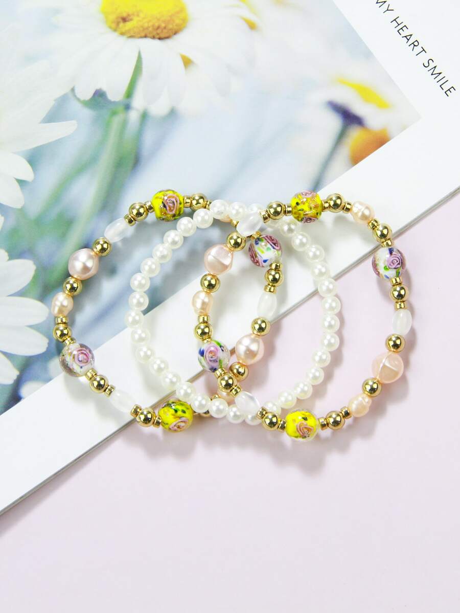 3pcs/set Faux Pearl Decor Beaded Bracelet - Multicolor - View 1