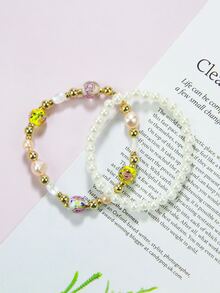 3pcs/set Faux Pearl Decor Beaded Bracelet - Multicolor - View 4