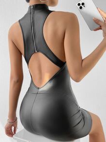 SHEIN Unity Mock Neck PU Leather Unitard Romper - Black - View 4