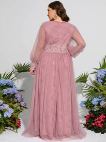 大碼蕾絲拼接網紗覆蓋正式連衣裙 - 藕粉色 - 查看 2