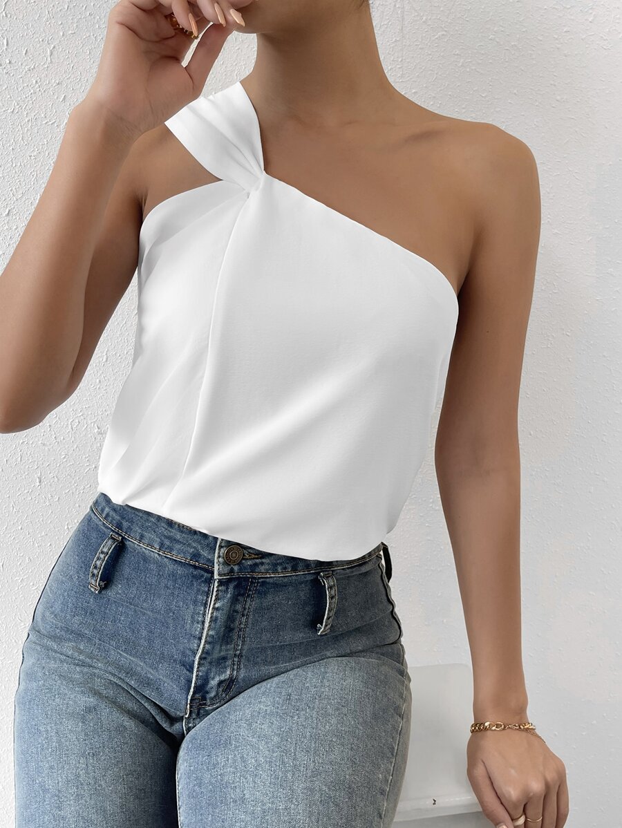 SHEIN Privé Spring Break Solid One Shoulder Asymmetrical Top Blouse - White - View 1