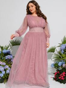 大碼蕾絲拼接網紗覆蓋正式連衣裙 - 藕粉色 - 查看 3