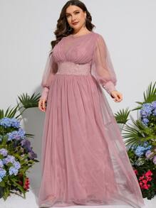 大碼蕾絲拼接網紗覆蓋正式連衣裙 - 藕粉色 - 查看 4