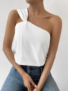 SHEIN Privé Spring Break Solid One Shoulder Asymmetrical Top Blouse - White - View 3