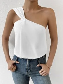 SHEIN Privé Spring Break Solid One Shoulder Asymmetrical Top Blouse - White - View 5