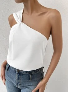 SHEIN Privé Spring Break Solid One Shoulder Asymmetrical Top Blouse - White - View 6