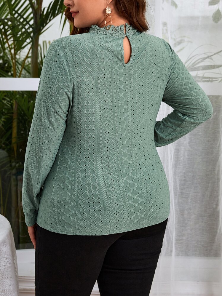 SHEIN Privé Plus Contrast Lace Mock Neck Tee - Cadet Blue - View 2