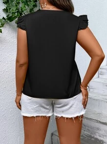 SHEIN LUNE Blusa de cuello con abertura de ojo ribete con fruncido - Negro - Ver 2