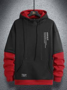 Manfinity Hypemode Loose-Fit Men's Slogan Graphic Kangaroo Pocket Drawstring 2 In 1 Hoodie - Black - View 1