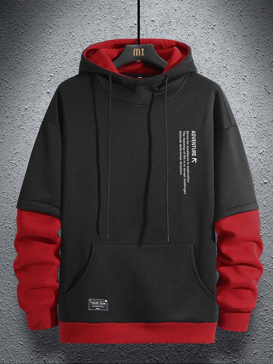 Manfinity Hypemode Loose-Fit Men's Slogan Graphic Kangaroo Pocket Drawstring 2 In 1 Hoodie - Black - View 1
