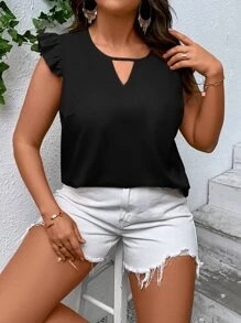 SHEIN LUNE Blusa de cuello con abertura de ojo ribete con fruncido - Negro - Ver 4