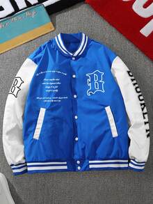 Manfinity Roghcode Men Long Sleeve Colorblock Slogan Graphic Striped Trim Varsity Jacket - Blue - View 1