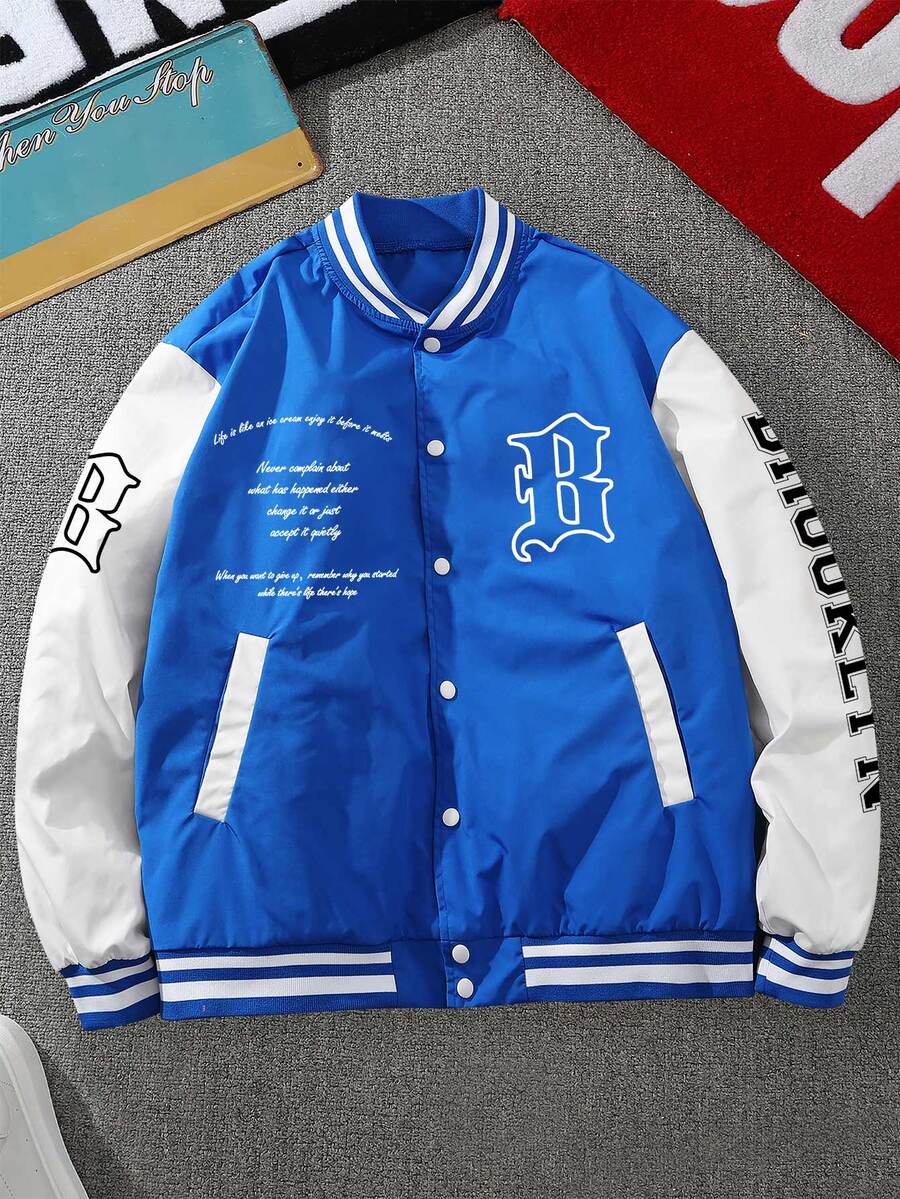 Manfinity Roghcode Men Long Sleeve Colorblock Slogan Graphic Striped Trim Varsity Jacket - Blue - View 1