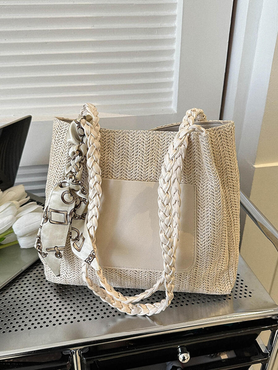 Medium Straw Bag Skinny Scarf Decor Chain Strap For Vacation - White - View 1