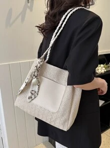 Medium Straw Bag Skinny Scarf Decor Chain Strap For Vacation - White - View 2