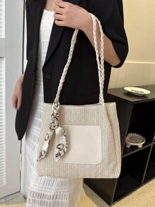 Medium Straw Bag Skinny Scarf Decor Chain Strap For Vacation - White - View 3