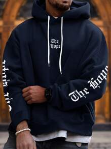 Manfinity Roughcore Men 1pc Letter Graphic Kangaroo Pocket Drawstring Oversize Hoodie - Navy Blue - View 1
