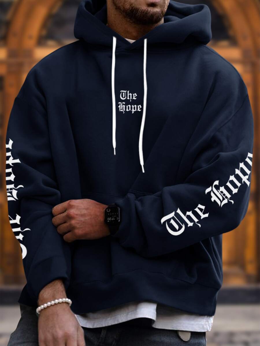 Manfinity Roughcore Men 1pc Letter Graphic Kangaroo Pocket Drawstring Oversize Hoodie - Navy Blue - View 1