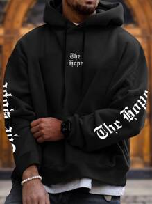 Manfinity LEGND Men 1pc Letter Graphic Kangaroo Pocket Drawstring Oversize Hoodie - Black - View 1