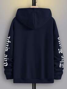 Manfinity Roughcore Men 1pc Letter Graphic Kangaroo Pocket Drawstring Oversize Hoodie - Navy Blue - View 2