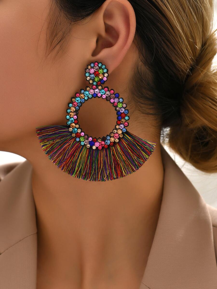 Rhinestone Decor Tassel Drop Earrings