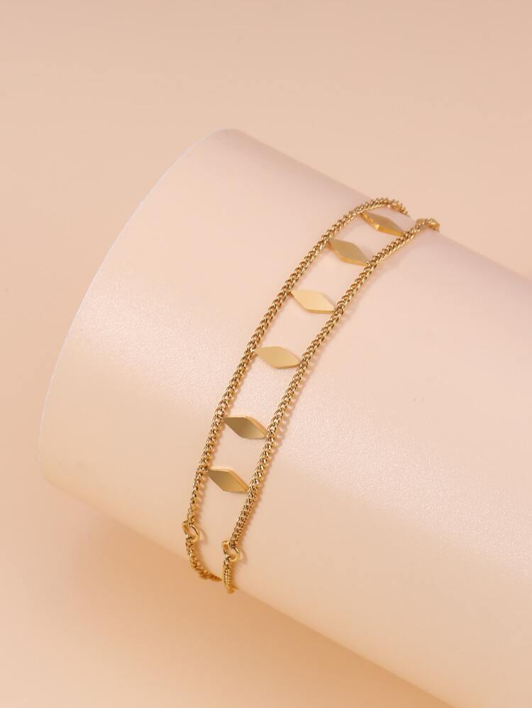 1pc Stainless Steel Fashionable High-End Jewelry Double-Layer Rhombus Pendant Necklace & Bracelet Set, Women