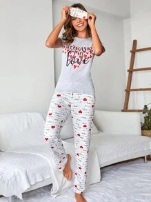 RueChic Conjunto de pijama con top estampado con eslogan de amor y pantalones largos estampados con letras en forma de corazón, incluye antifaz para los ojos - Multicolor - Ver 1