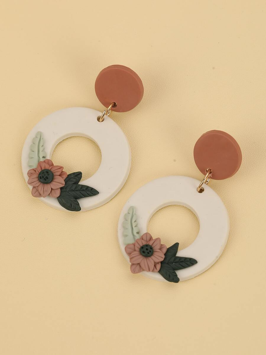 花朵裝飾圓形耳墜 - 白色 - 查看 1