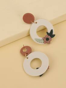 花朵裝飾圓形耳墜 - 白色 - 查看 2