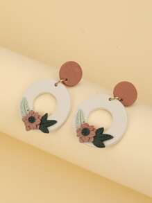 花朵裝飾圓形耳墜 - 白色 - 查看 3