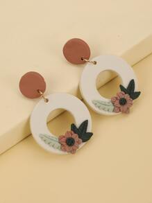 花朵裝飾圓形耳墜 - 白色 - 查看 5