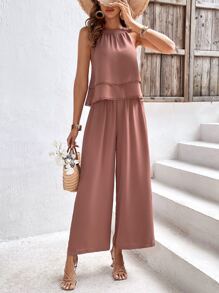 SHEIN Frenchy Bộ đồ hai mảnh nữ phân lớp màu trơn Giải trí - Bụi hồng - Xem 5