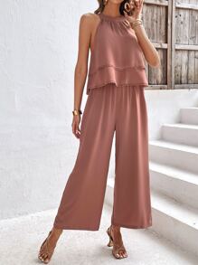 SHEIN Frenchy Bộ đồ hai mảnh nữ phân lớp màu trơn Giải trí - Bụi hồng - Xem 2