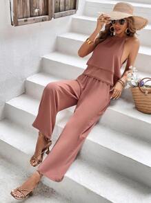 SHEIN Frenchy Bộ đồ hai mảnh nữ phân lớp màu trơn Giải trí - Bụi hồng - Xem 6