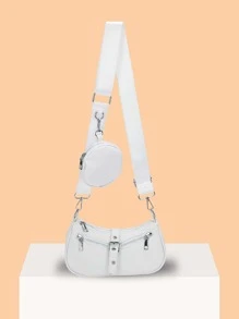 白色方形袋扣裝飾,配有包的日常使用女包,附有零錢包