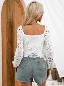 SHEIN Frenchy Guipure Lace Insert Lantern Sleeve Crop Blouse Summer White Casual - White - View 2