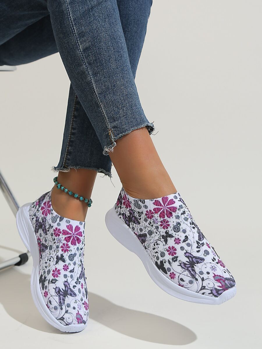 女士蝴蝶圖案織物一腳蹬運動鞋 - 彩色 - 查看 1