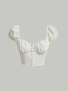 SHEIN MOD Camisa crop escote corazón pecho con fruncido - Beis - Ver 1