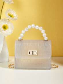 Mini Girls Square Bag Crocodile Embossed Faux Pearl Decor - Clear - View 1