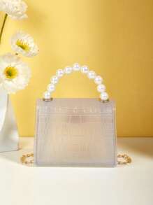 Mini Girls Square Bag Crocodile Embossed Faux Pearl Decor - Clear - View 5