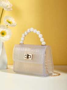 Mini Girls Square Bag Crocodile Embossed Faux Pearl Decor - Clear - View 6