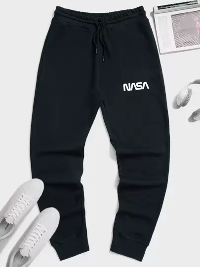 RueChic Men Letter Graphic Drawstring Waist Joggers